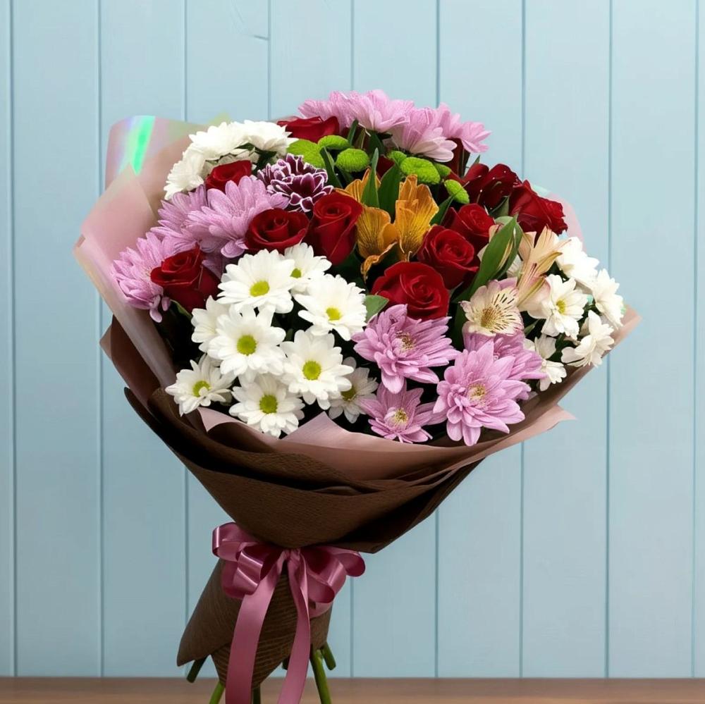 Букет цветов из: Розы, Хризантемы и Альстромерии в Бабушкине