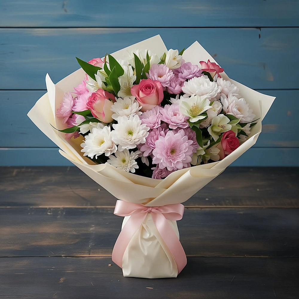 Букет цветов из: Хризантемы, Альстромерии и Розы в Бабушкине